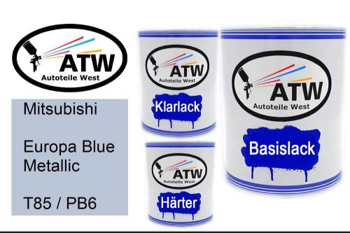 Mitsubishi, Europa Blue Metallic, T85 / PB6: 1L Lackdose + 1L Klarlack + 500ml Härter - Set, von ATW Autoteile West.